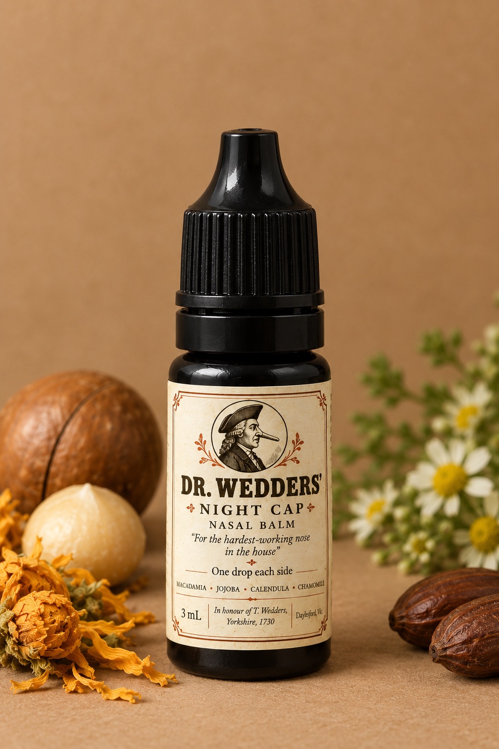 Dr. Wedders' Night Cap Nasal Balm 3 mL dropper bottle with macadamia, calendula and chamomile