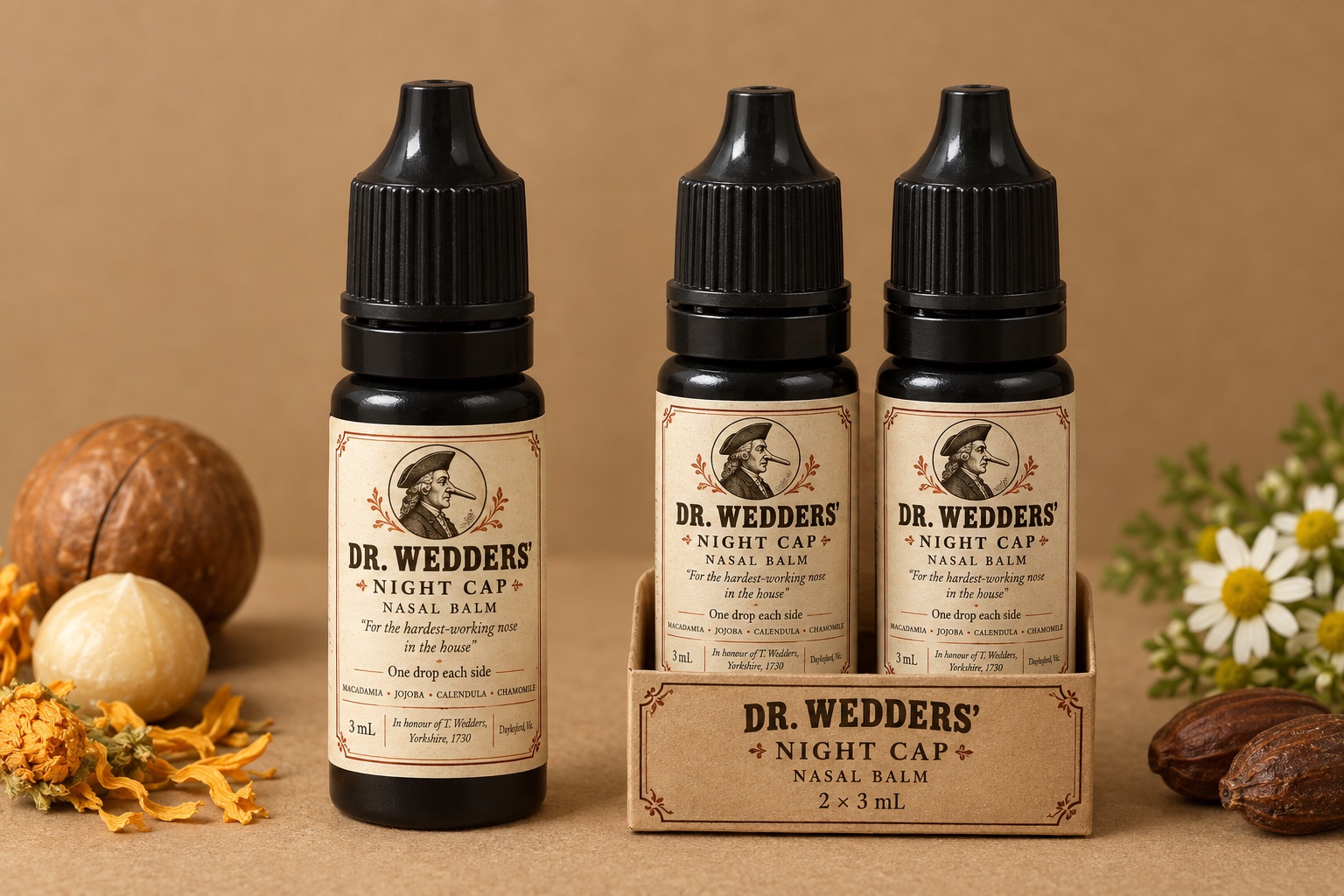 Dr. Wedders' Night Cap two-pack: two dropper bottles in a kraft tray beside a single bottle